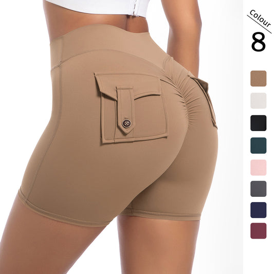 High-Waist Peach Lift Cargo Pocket Shorts – Buttoned, Stretch Fit