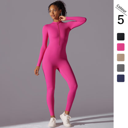 Solid Color High-Stretch Half-Zip Bodysuit – Long Sleeve Yoga Outfit