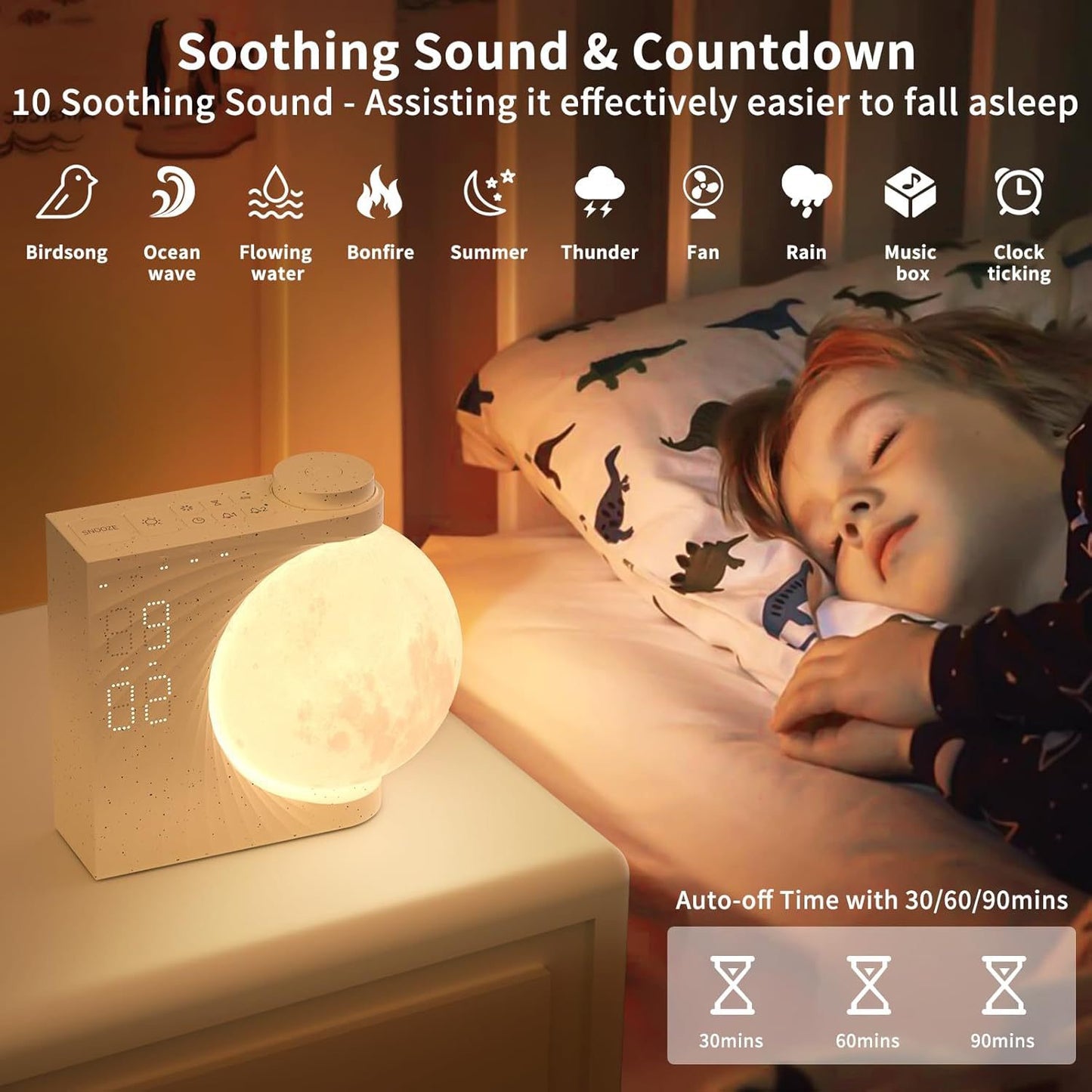 Lunar Glow 3-in-1 Sleep Aid – Mood Light + Smart Alarm + Music Playback via Bluetooth