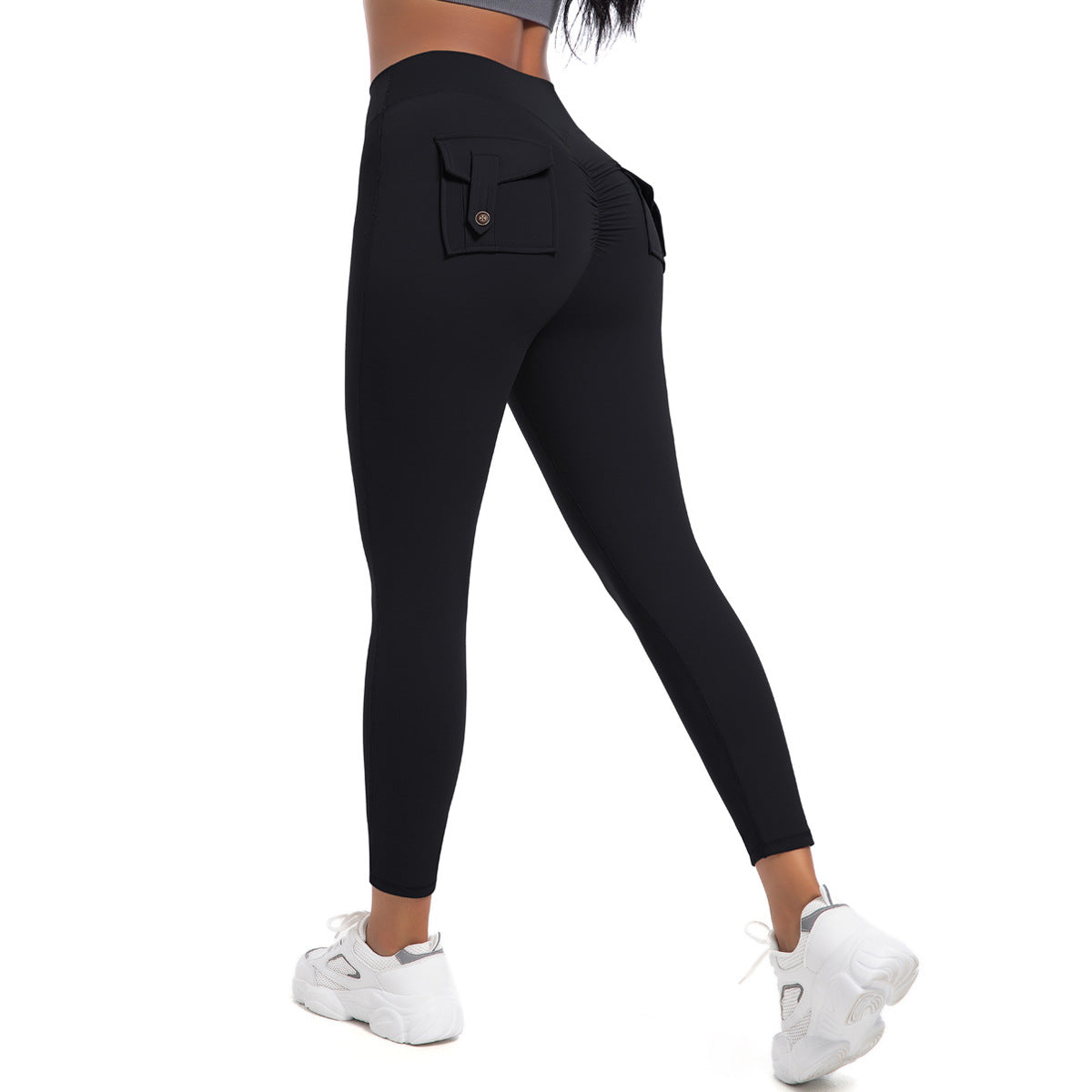 High-Waist Peach Lift Cargo Leggings – Buttoned Pocket Gym Pants