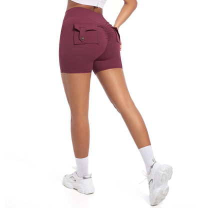 High-Waist Peach Lift Cargo Pocket Shorts – Buttoned, Stretch Fit