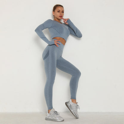 Seamless Ruched Yoga Set – 2-Piece Long-Sleeve Top & High-Waist Peach Lift Leggings