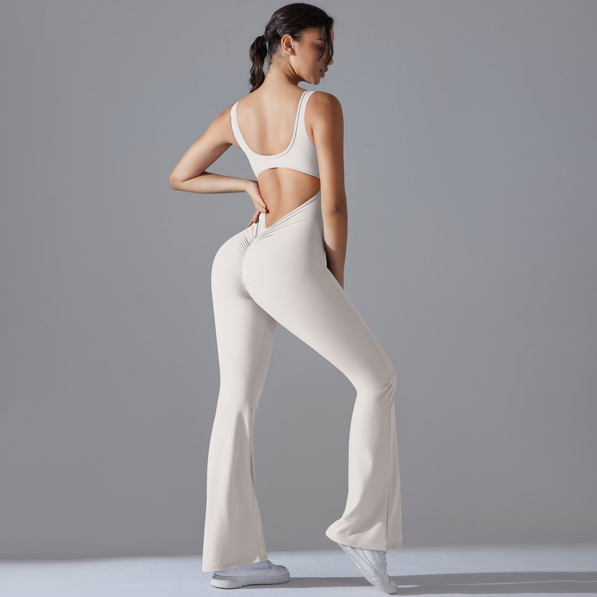 Solid Color Backless High-Lift Jumpsuit – Fitted Wide-Leg Activewear