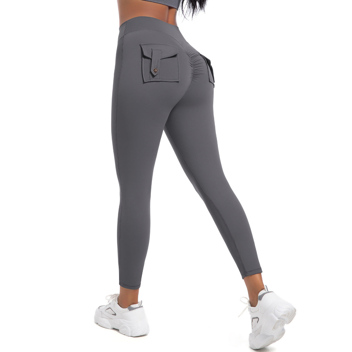 High-Waist Peach Lift Cargo Leggings – Buttoned Pocket Gym Pants