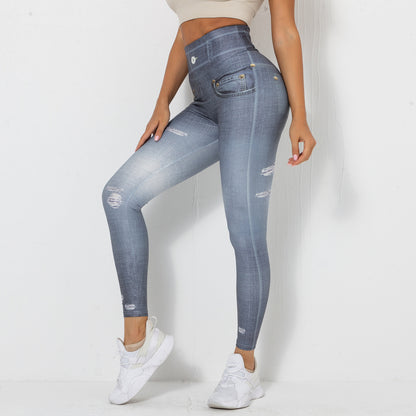 High-Stretch Quick-Dry Denim Blue Yoga Leggings – Tight Fit