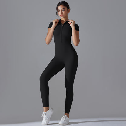 Solid Color Zip-Up High-Stretch Bodysuit – 3/4 Pants Yoga Outfit