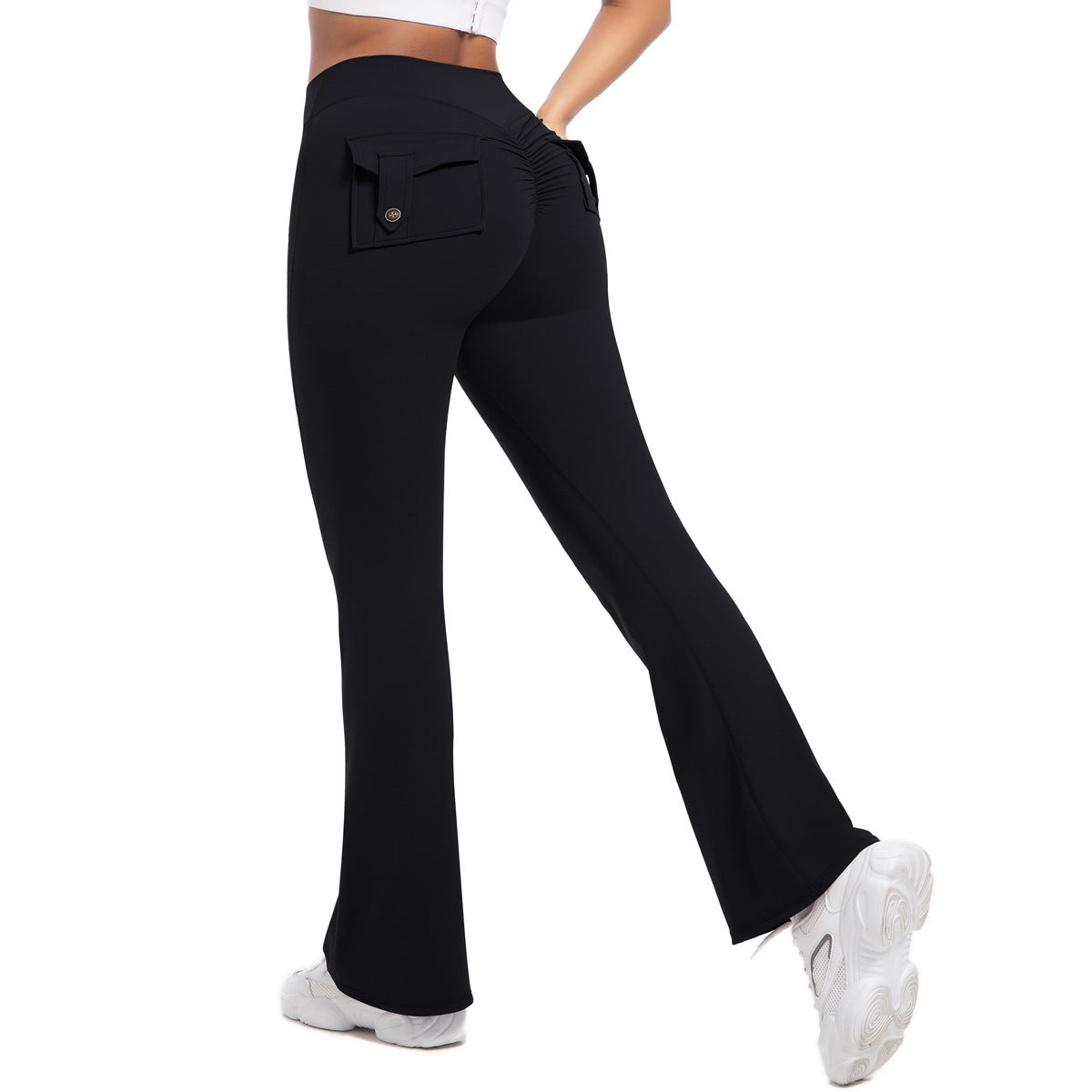 Buttoned High-Waist Peach Lift Flare Yoga Pants – Sculpting & Stylish