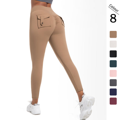 High-Waist Peach Lift Cargo Leggings – Buttoned Pocket Gym Pants