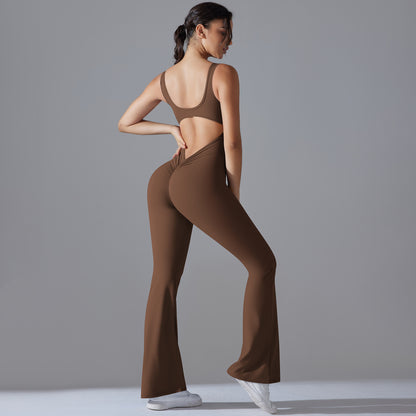 Solid Color Backless High-Lift Jumpsuit – Fitted Wide-Leg Activewear