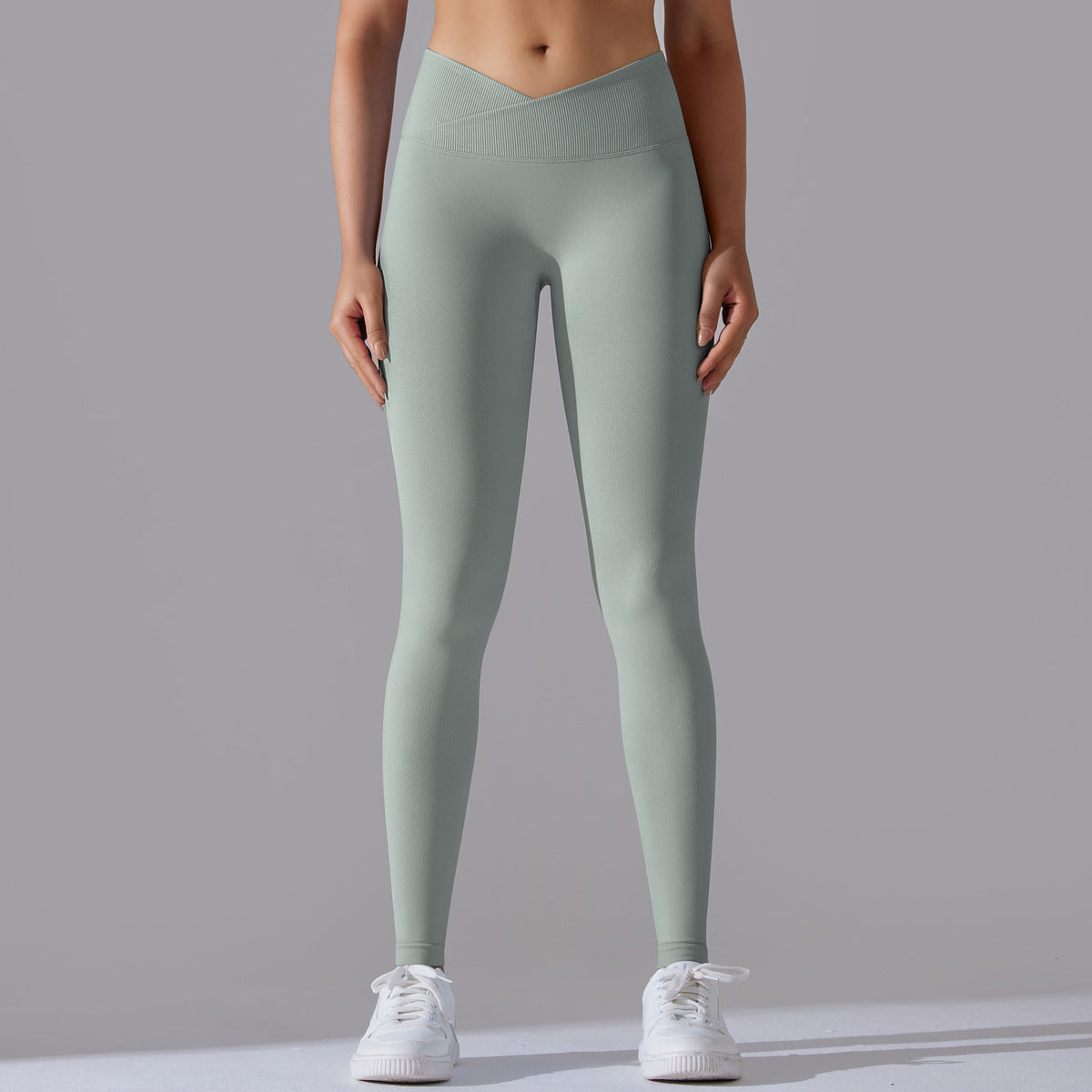 Seamless Knit Cross-Waist Peach Lift Yoga Leggings – 9/10 Length