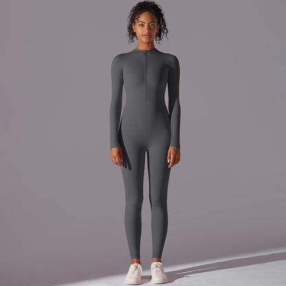 Solid Color High-Stretch Half-Zip Bodysuit – Long Sleeve Yoga Outfit