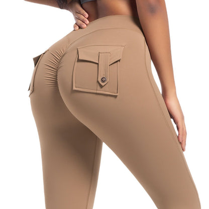 High-Waist Peach Lift Cargo Leggings – Buttoned Pocket Gym Pants