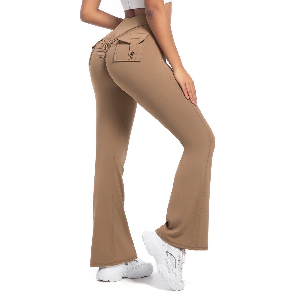 Buttoned High-Waist Peach Lift Flare Yoga Pants – Sculpting & Stylish