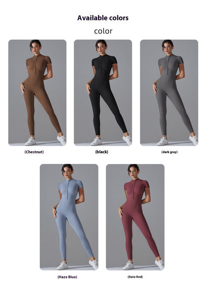 Solid Color Zip-Up High-Stretch Bodysuit – 3/4 Pants Yoga Outfit