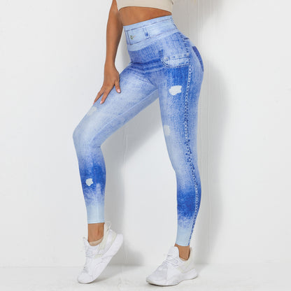 High-Stretch Quick-Dry Denim Blue Yoga Leggings – Tight Fit