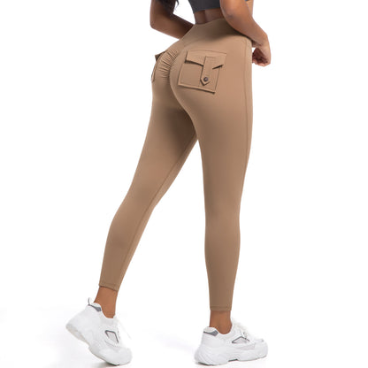 High-Waist Peach Lift Cargo Leggings – Buttoned Pocket Gym Pants