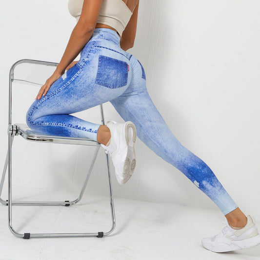 High-Stretch Quick-Dry Denim Blue Yoga Leggings – Tight Fit