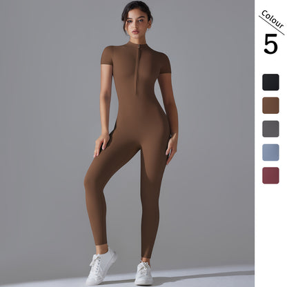 Solid Color Zip-Up High-Stretch Bodysuit – 3/4 Pants Yoga Outfit