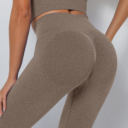 Seamless Ribbed V-Waist Peach Lift Yoga Leggings – High-Stretch Fit