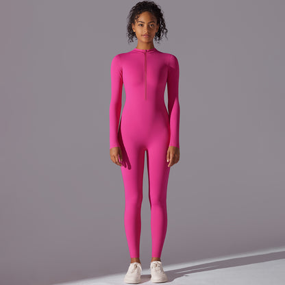 Solid Color High-Stretch Half-Zip Bodysuit – Long Sleeve Yoga Outfit