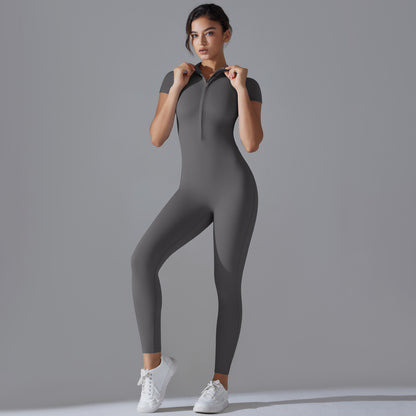 Solid Color Zip-Up High-Stretch Bodysuit – 3/4 Pants Yoga Outfit