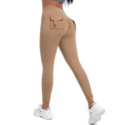 High-Waist Peach Lift Cargo Leggings – Buttoned Pocket Gym Pants