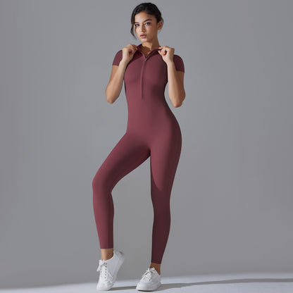 Solid Color Zip-Up High-Stretch Bodysuit – 3/4 Pants Yoga Outfit