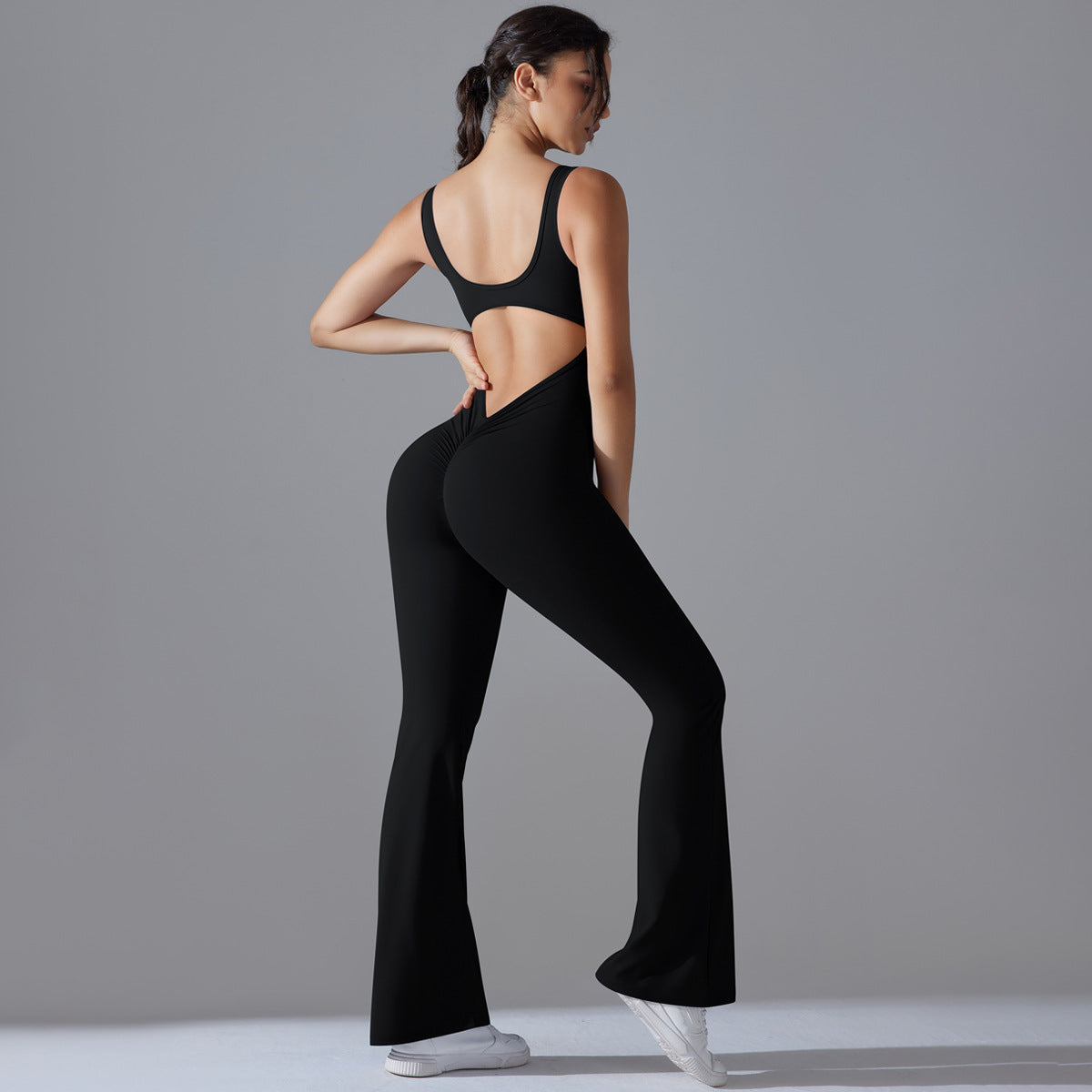 Solid Color Backless High-Lift Jumpsuit – Fitted Wide-Leg Activewear