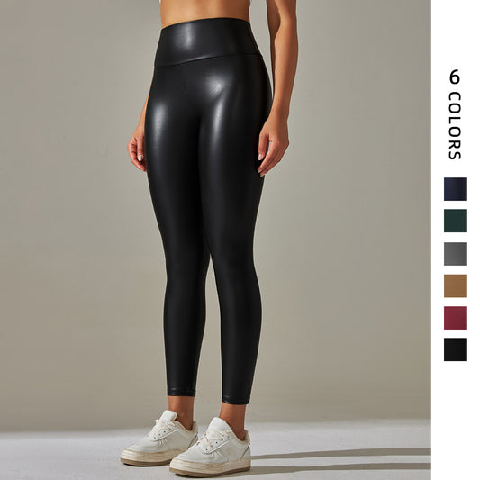 High-Waist Colorful PU Leather Yoga Leggings – Stretch Fit & Peach Lift