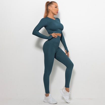 Seamless Ruched Yoga Set – 2-Piece Long-Sleeve Top & High-Waist Peach Lift Leggings