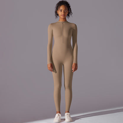 Solid Color High-Stretch Half-Zip Bodysuit – Long Sleeve Yoga Outfit