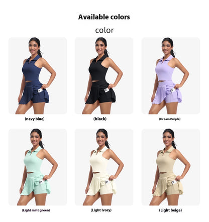 Solid Color Polo Vest & Pleated Skirt Set – Breathable Sports Outfit