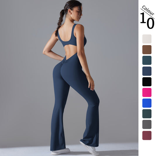 Solid Color Backless High-Lift Jumpsuit – Fitted Wide-Leg Activewear