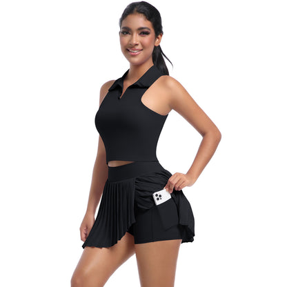 Solid Color Polo Vest & Pleated Skirt Set – Breathable Sports Outfit