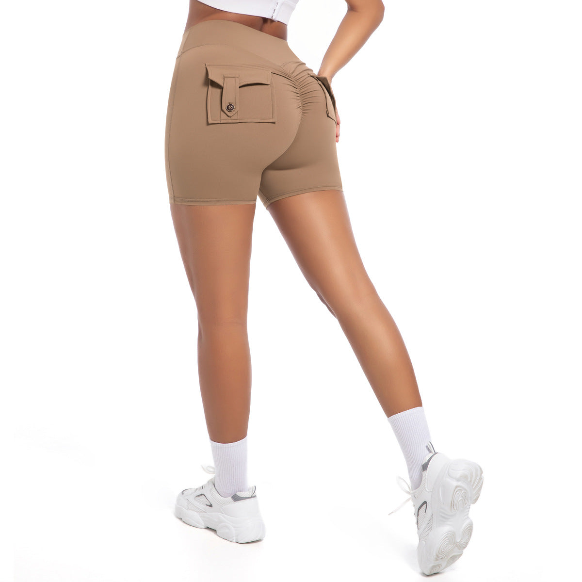 High-Waist Peach Lift Cargo Pocket Shorts – Buttoned, Stretch Fit