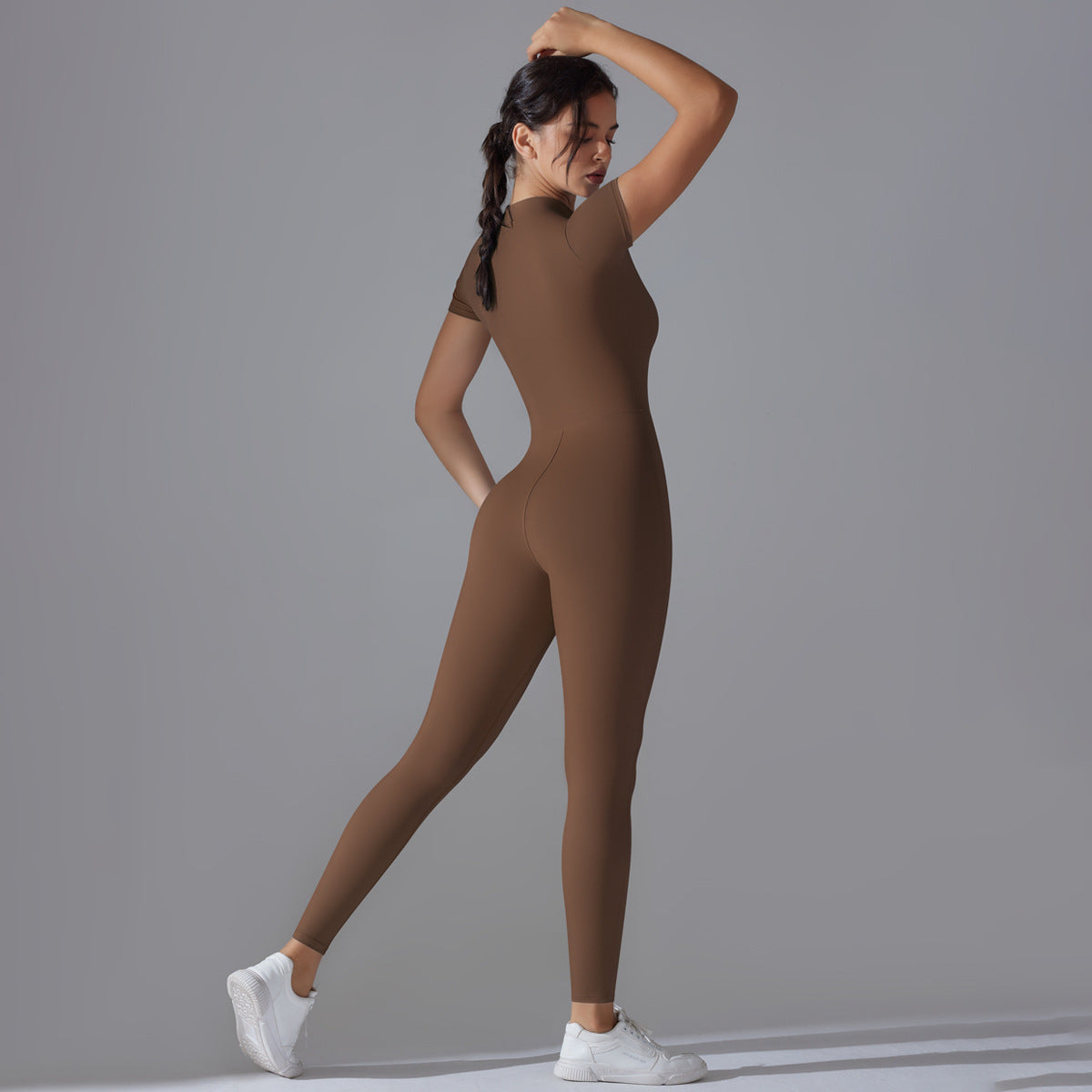 Solid Color Zip-Up High-Stretch Bodysuit – 3/4 Pants Yoga Outfit