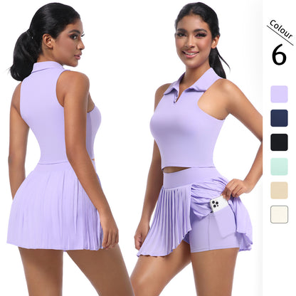 Solid Color Polo Vest & Pleated Skirt Set – Breathable Sports Outfit