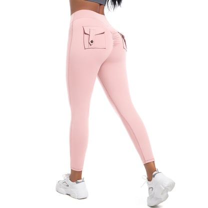 High-Waist Peach Lift Cargo Leggings – Buttoned Pocket Gym Pants