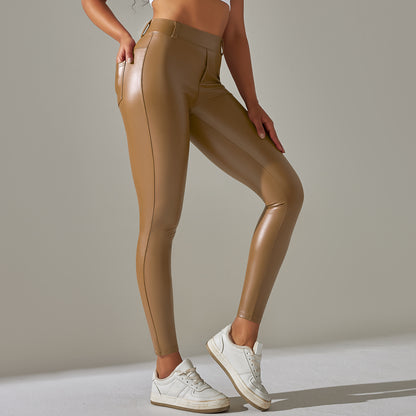 PU Leather High-Waist Tummy Control Yoga Leggings – Sculpting Fit