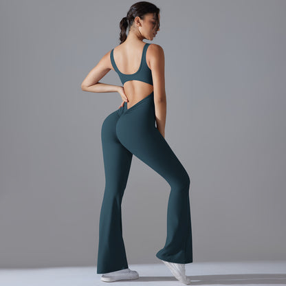 Solid Color Backless High-Lift Jumpsuit – Fitted Wide-Leg Activewear