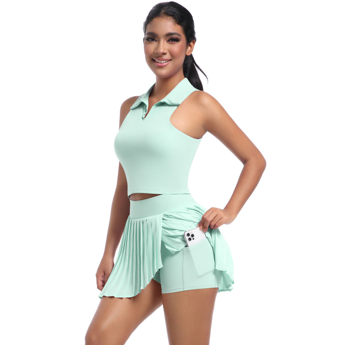 Solid Color Polo Vest & Pleated Skirt Set – Breathable Sports Outfit