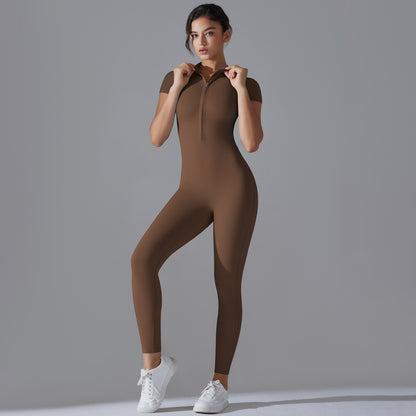 Solid Color Zip-Up High-Stretch Bodysuit – 3/4 Pants Yoga Outfit